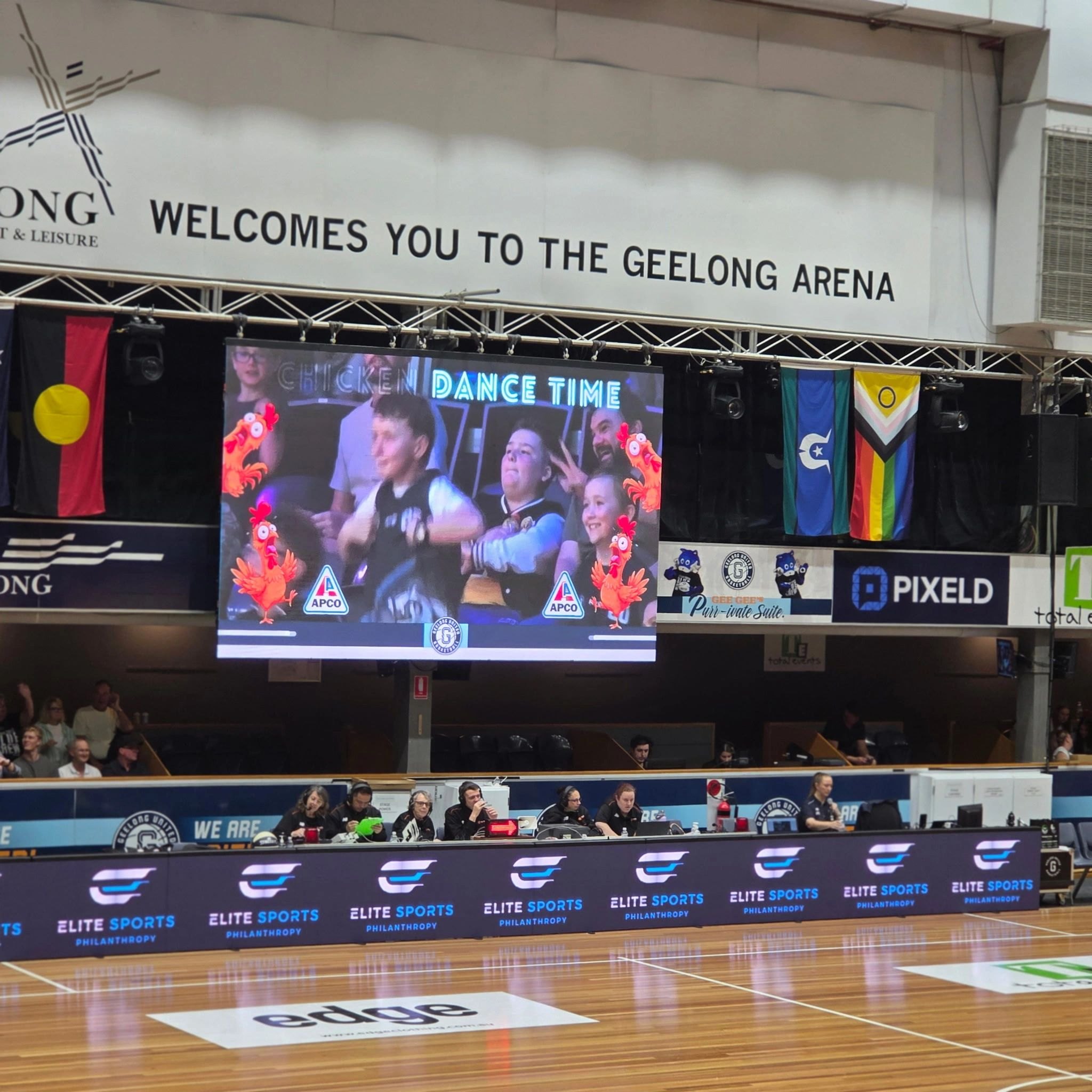 Dance time on the big screen at Geelong Arena